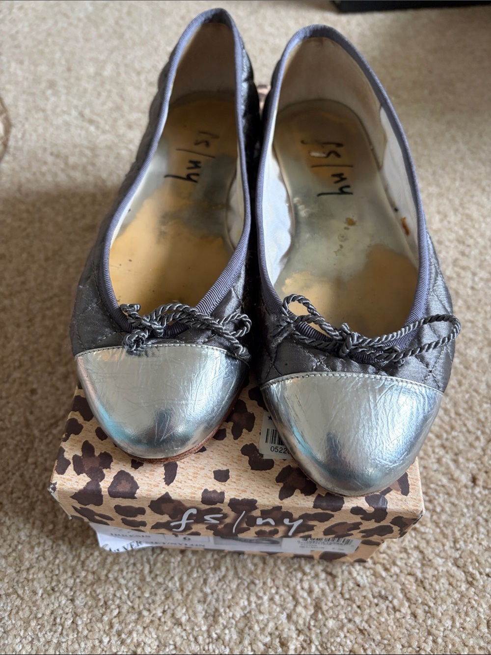 French Sole Metallic Silver Cap-Toe Ballet Flats with Charcoal Upper